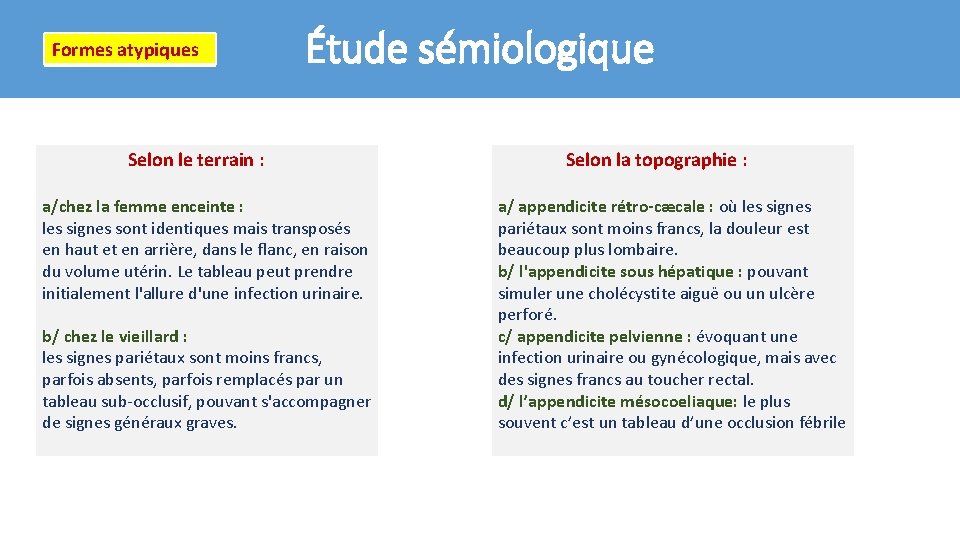 Formes atypiques Étude sémiologique Selon le terrain : a/chez la femme enceinte : les