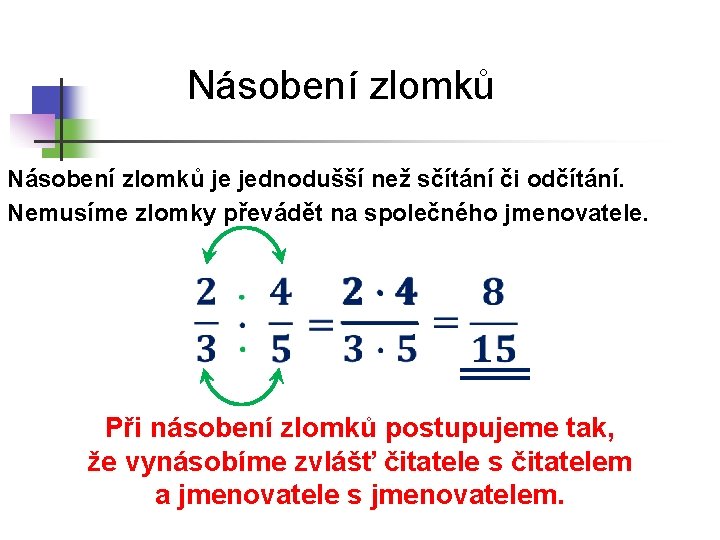 Násobení zlomků je jednodušší než sčítání či odčítání. Nemusíme zlomky převádět na společného jmenovatele.