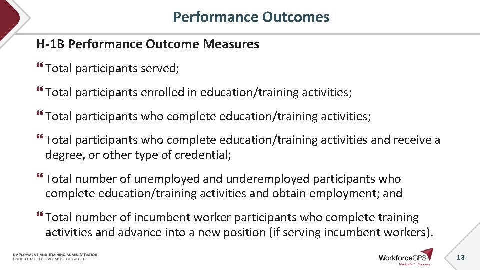 Performance Outcomes H-1 B Performance Outcome Measures Total participants served; Total participants enrolled in