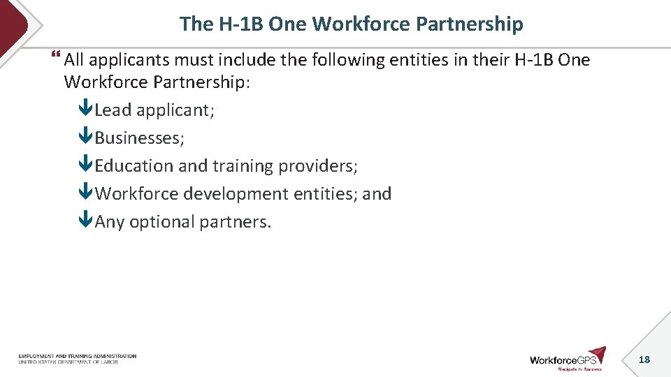 The H-1 B One Workforce Partnership All applicants must include the following entities in
