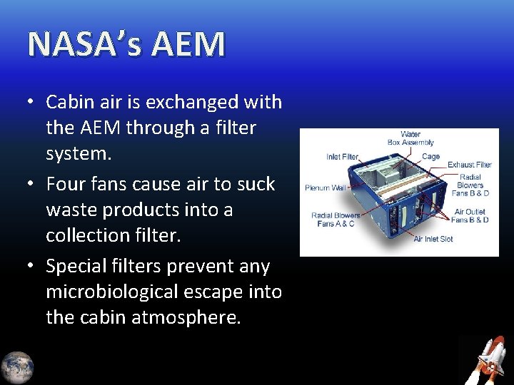 NASA’s AEM • Cabin air is exchanged with the AEM through a filter system.