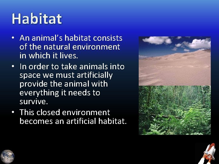 Habitat • An animal’s habitat consists of the natural environment in which it lives.