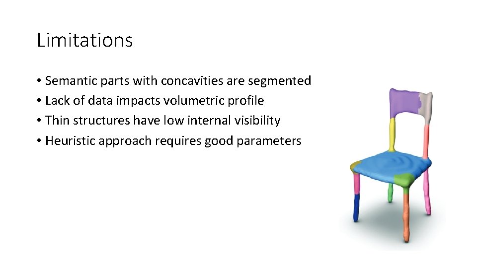 Limitations • Semantic parts with concavities are segmented • Lack of data impacts volumetric