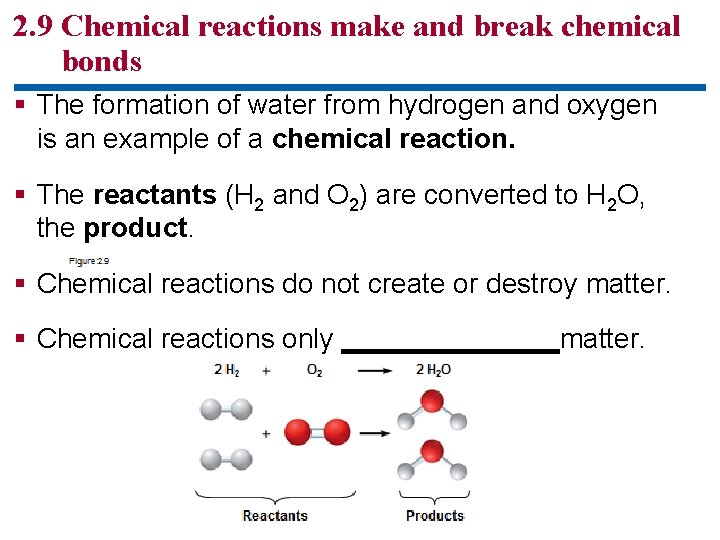 2. 9 Chemical reactions make and break chemical bonds § The formation of water