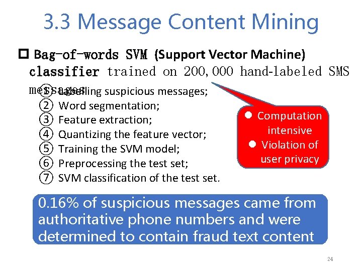 3. 3 Message Content Mining p Bag-of-words SVM (Support Vector Machine) classifier trained on