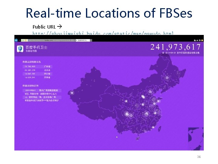 Real-time Locations of FBSes Public URL http: //shoujiweishi. baidu. com/static/map/pseudo. html 34 