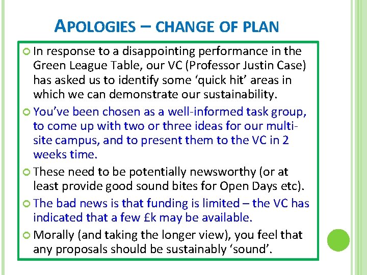 APOLOGIES – CHANGE OF PLAN In response to a disappointing performance in the Green