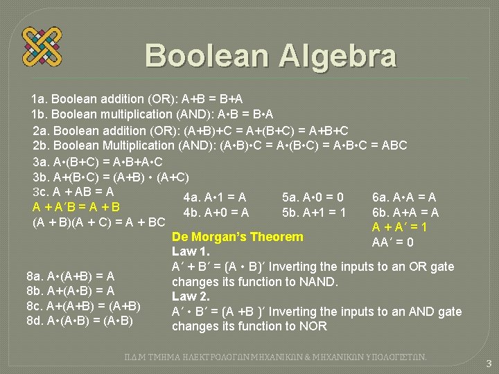 Boolean Algebra 1 a. Boolean addition (OR): A+B = B+A 1 b. Boolean multiplication