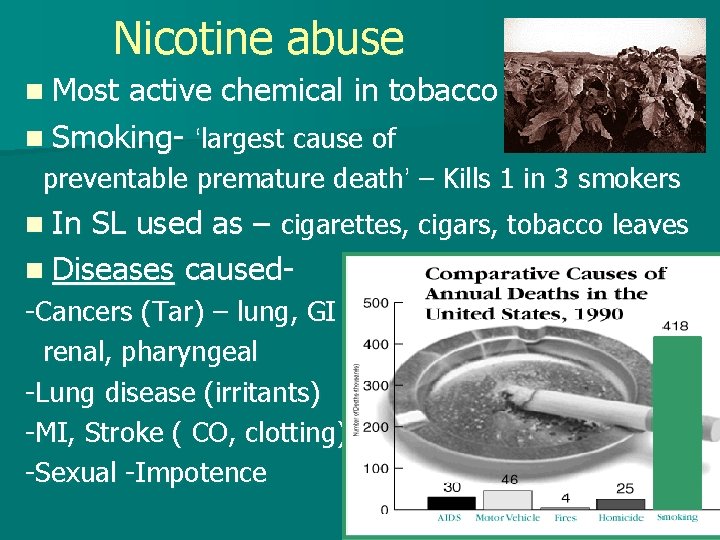 Nicotine abuse n Most active chemical in tobacco n Smoking- ‘largest cause of preventable