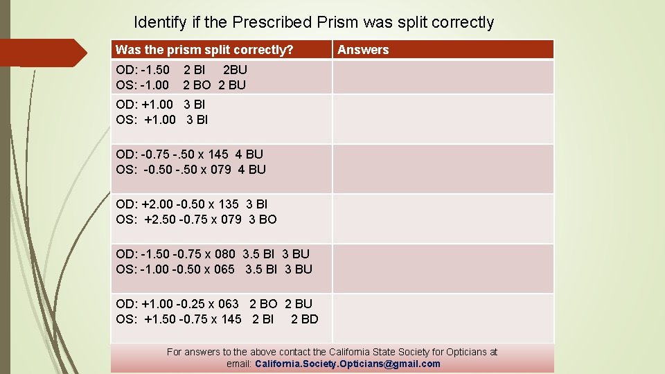 Identify if the Prescribed Prism was split correctly Was the prism split correctly? OD: