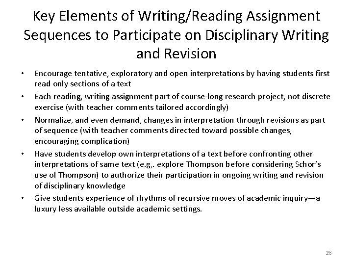 Key Elements of Writing/Reading Assignment Sequences to Participate on Disciplinary Writing and Revision •