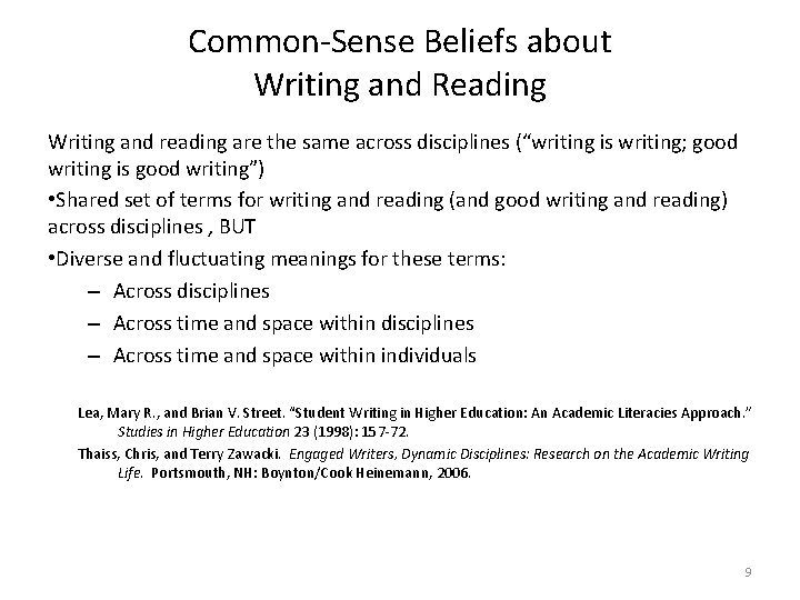Common-Sense Beliefs about Writing and Reading Writing and reading are the same across disciplines