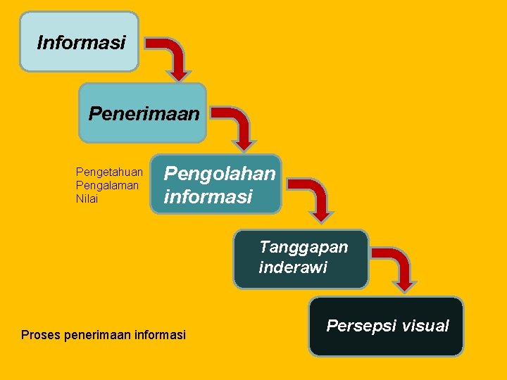 Informasi Penerimaan Pengetahuan Pengalaman Nilai Pengolahan informasi Tanggapan inderawi Proses penerimaan informasi Persepsi visual