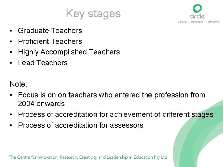 Key stages • • Graduate Teachers Proficient Teachers Highly Accomplished Teachers Lead Teachers Note: