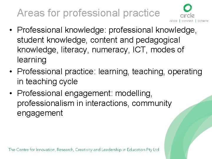 Areas for professional practice • Professional knowledge: professional knowledge, student knowledge, content and pedagogical