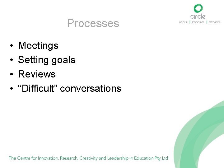 Processes • • Meetings Setting goals Reviews “Difficult” conversations 