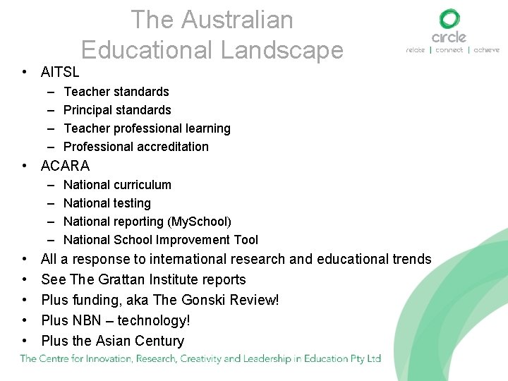 The Australian Educational Landscape • AITSL – – Teacher standards Principal standards Teacher professional