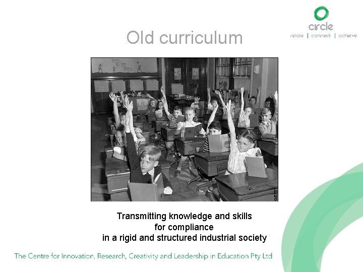 Old curriculum Transmitting knowledge and skills for compliance in a rigid and structured industrial