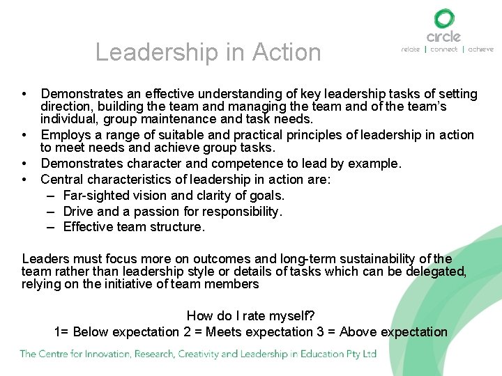 Leadership in Action • • Demonstrates an effective understanding of key leadership tasks of