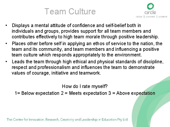 Team Culture • Displays a mental attitude of confidence and self-belief both in individuals