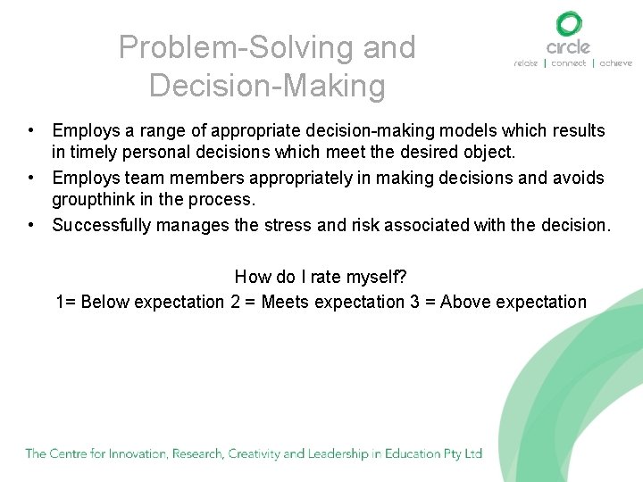 Problem-Solving and Decision-Making • Employs a range of appropriate decision-making models which results in