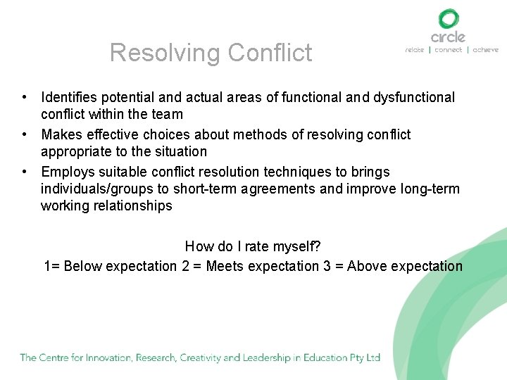 Resolving Conflict • Identifies potential and actual areas of functional and dysfunctional conflict within