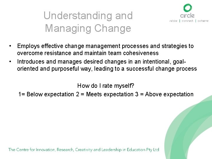 Understanding and Managing Change • Employs effective change management processes and strategies to overcome