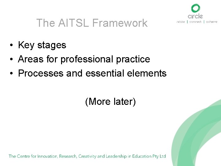 The AITSL Framework • Key stages • Areas for professional practice • Processes and
