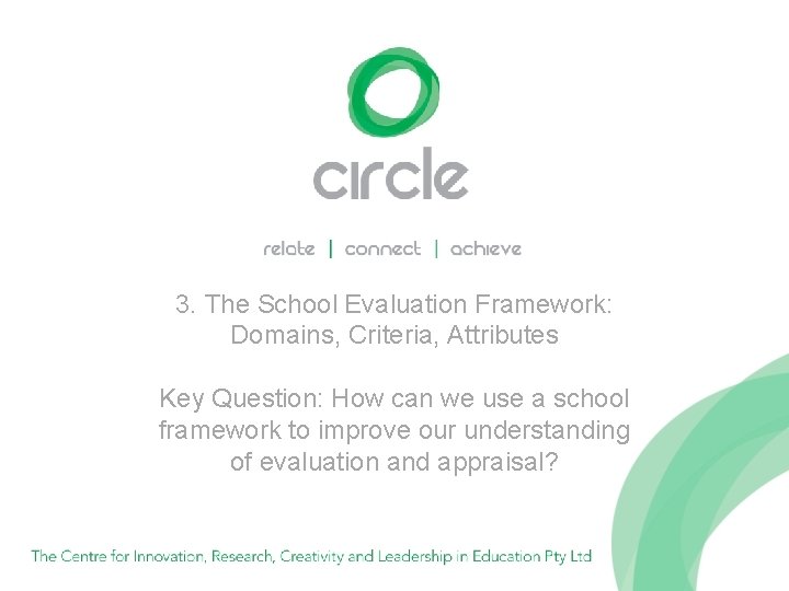 3. The School Evaluation Framework: Domains, Criteria, Attributes Key Question: How can we use