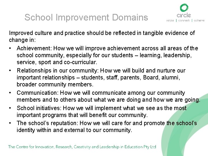 School Improvement Domains Improved culture and practice should be reflected in tangible evidence of