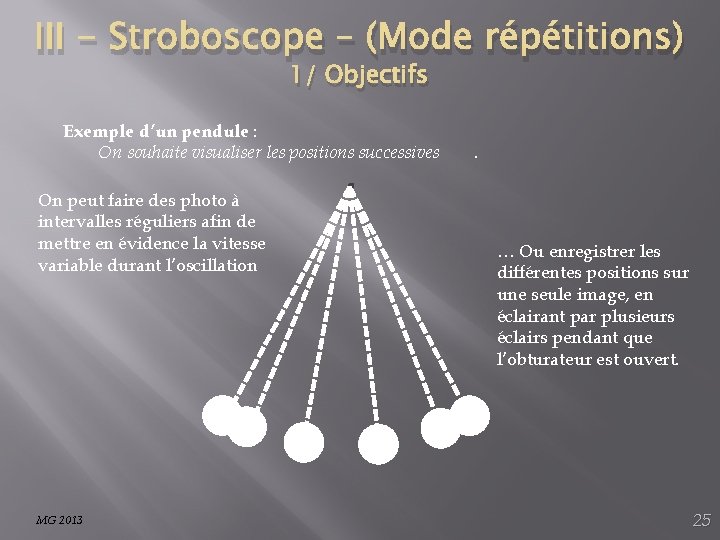 III - Stroboscope – (Mode répétitions) 1/ Objectifs Exemple d’un pendule : On souhaite