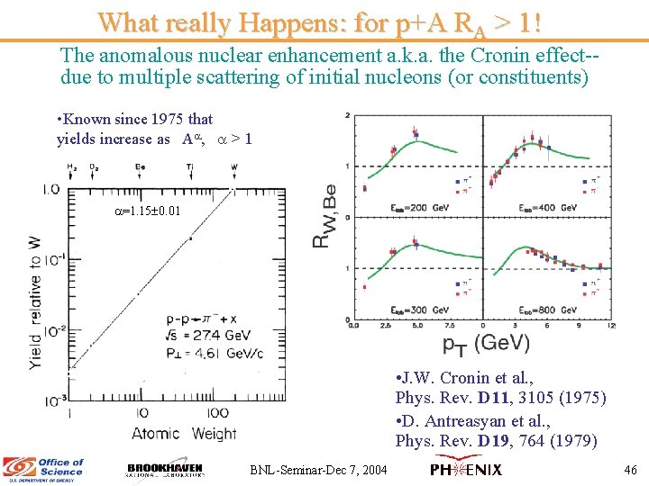 What really Happens: for p+A RA > 1! The anomalous nuclear enhancement a. k.