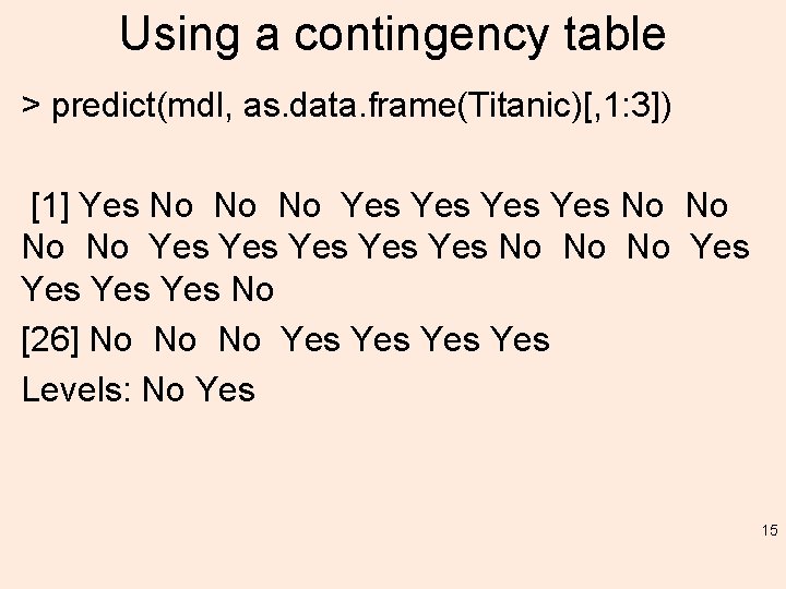 Using a contingency table > predict(mdl, as. data. frame(Titanic)[, 1: 3]) [1] Yes No