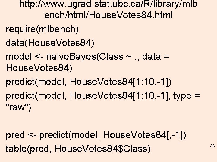 http: //www. ugrad. stat. ubc. ca/R/library/mlb ench/html/House. Votes 84. html require(mlbench) data(House. Votes 84)