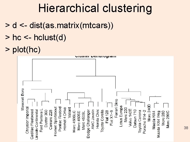 Hierarchical clustering > d <- dist(as. matrix(mtcars)) > hc <- hclust(d) > plot(hc) 38
