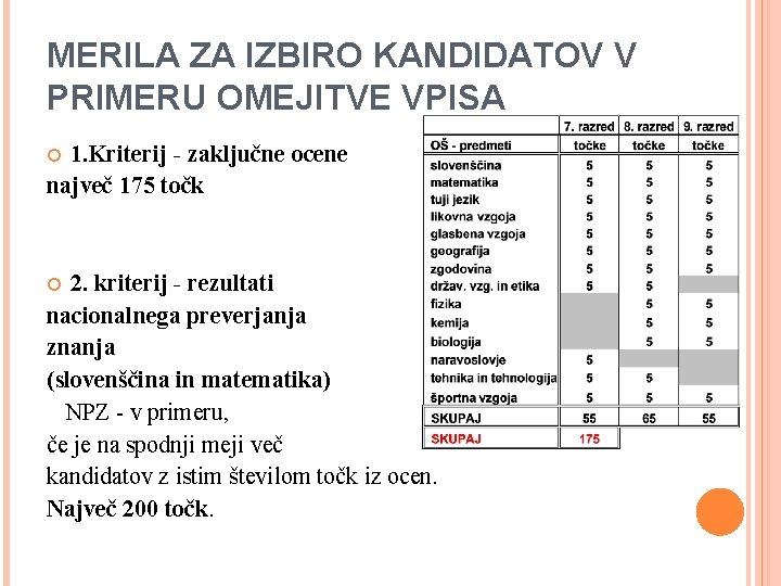 MERILA ZA IZBIRO KANDIDATOV V PRIMERU OMEJITVE VPISA 1. Kriterij - zaključne ocene največ