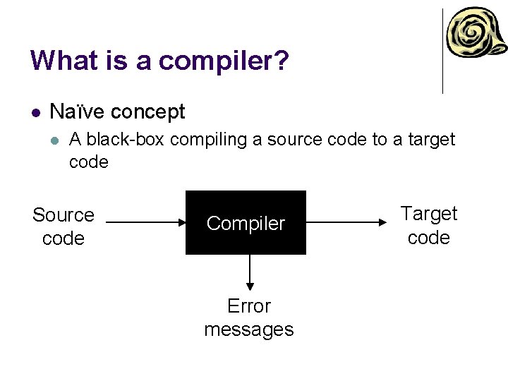 What is a compiler? l Naïve concept l A black-box compiling a source code