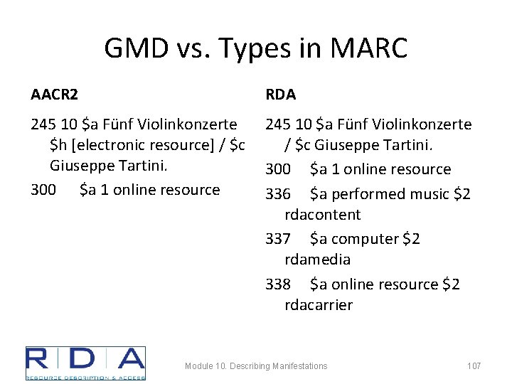 GMD vs. Types in MARC AACR 2 RDA 245 10 $a Fünf Violinkonzerte $h