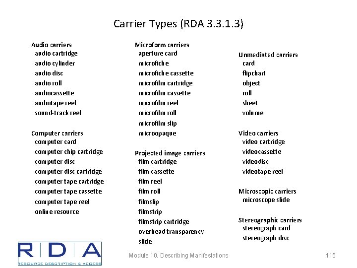 Carrier Types (RDA 3. 3. 1. 3) Audio carriers audio cartridge audio cylinder audio