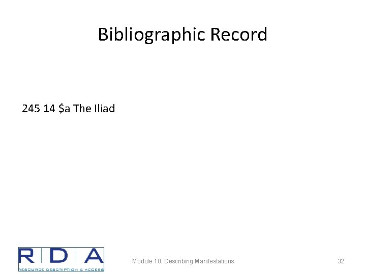 Bibliographic Record 245 14 $a The Iliad Module 10. Describing Manifestations 32 