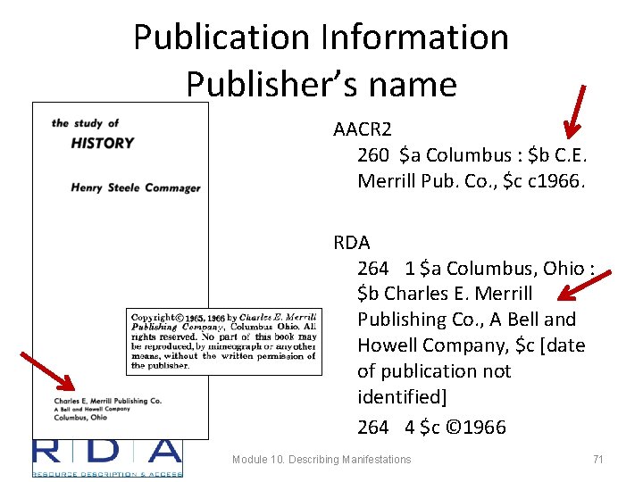 Publication Information Publisher’s name AACR 2 260 $a Columbus : $b C. E. Merrill
