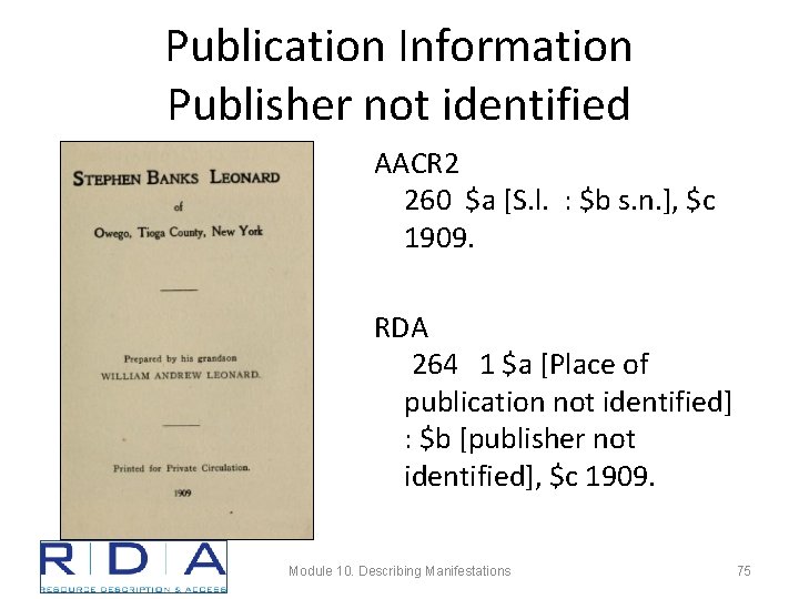 Publication Information Publisher not identified AACR 2 260 $a [S. l. : $b s.