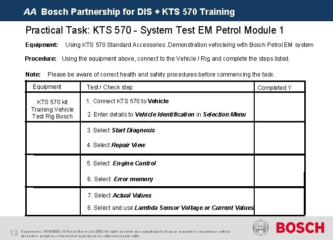 AA Bosch Partnership for DIS + KTS 570 Training Practical Task: KTS 570 -