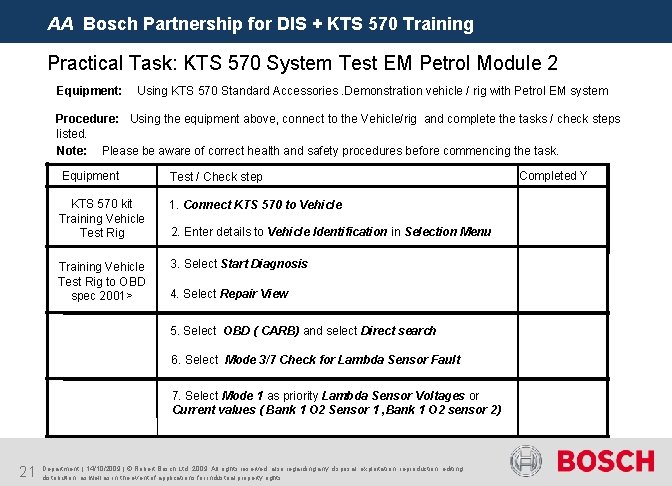 AA Bosch Partnership for DIS + KTS 570 Training Practical Task: KTS 570 System