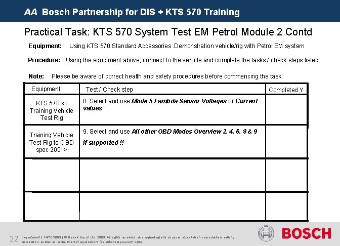 AA Bosch Partnership for DIS + KTS 570 Training Practical Task: KTS 570 System