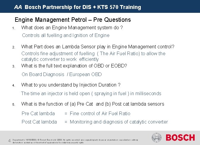 AA Bosch Partnership for DIS + KTS 570 Training Engine Management Petrol – Pre