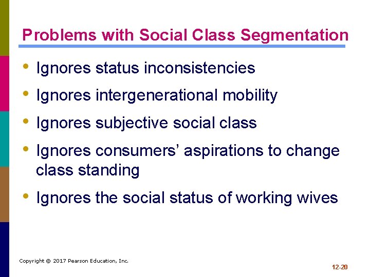 Problems with Social Class Segmentation • • Ignores status inconsistencies Ignores intergenerational mobility Ignores