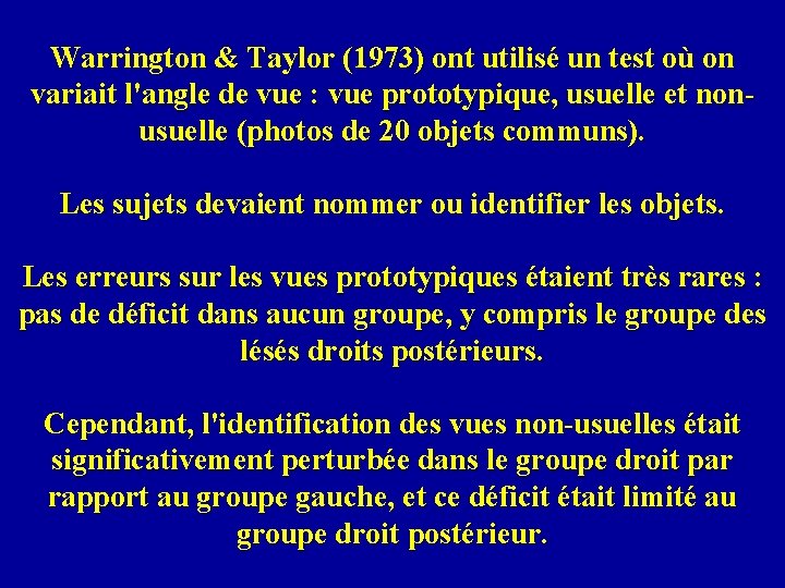 Warrington & Taylor (1973) ont utilisé un test où on variait l'angle de vue