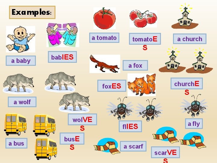 Examples: a tomato. E a church S a baby bab. IES a fox church.