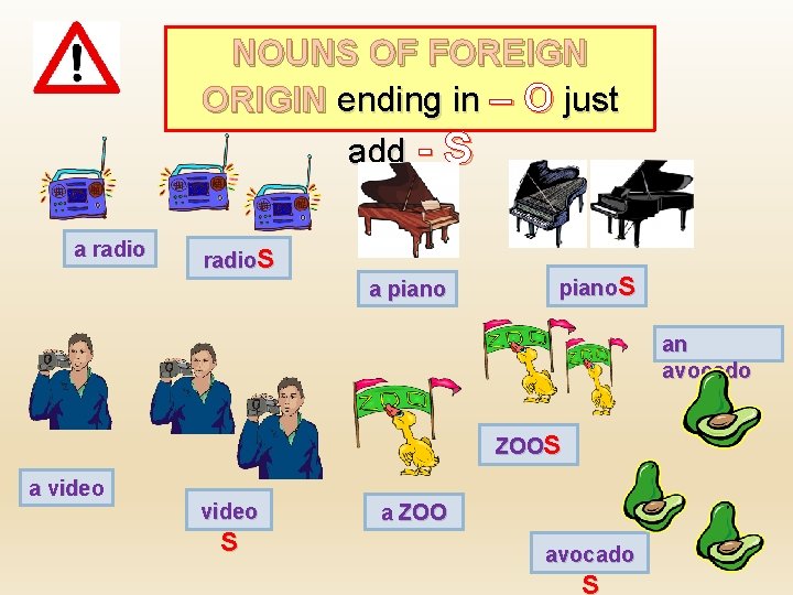 NOUNS OF FOREIGN ORIGIN ending in – O just add - S a radio.